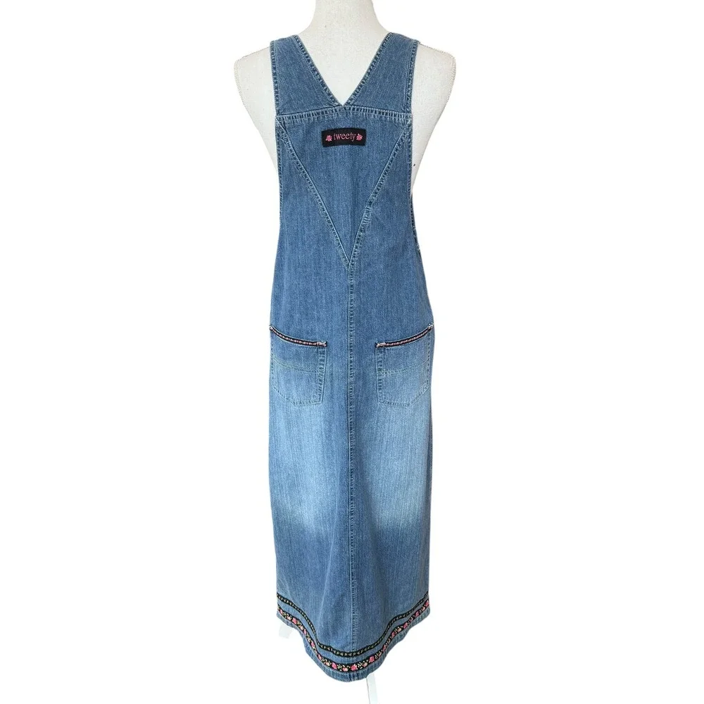 Warner Bros Studio Tweety Bird Rose Embroidered Denim Overall Maxi Dress XS NWT - Picture 3 of 10